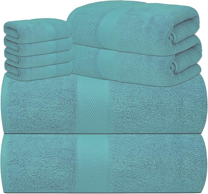 Luxury 8 Piece Set, 2 Bath Towels 2 Hand Towels 4 Washcloths, 100% Cotton Towels for Bathroom, Home, Spa, Hotel & Gym – Ultra Soft, Highly Absorbent, Quick Dry (Light Green)