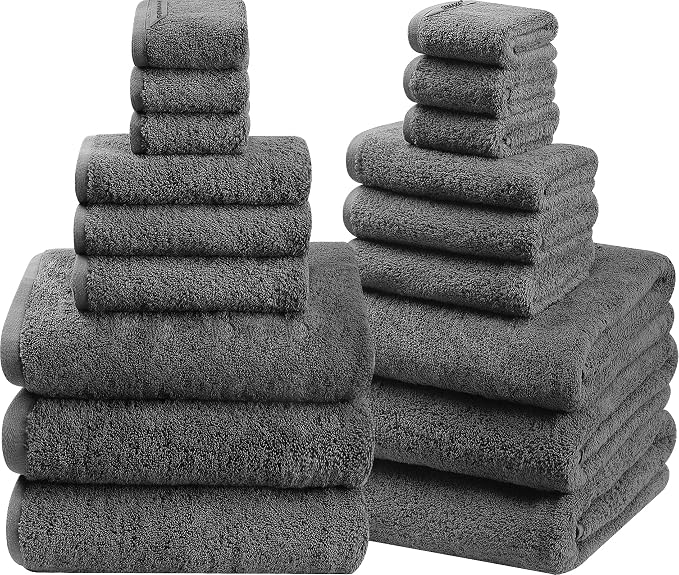 SEMAXE 18-Piece Cotton Bath Towel Set with Hanging Loops for Bathroom, Gray | Stock-up towel set for family bathrooms, guest baths, multi-bath homes, and wash-day rotation, OEKO-TEX certified, easy care