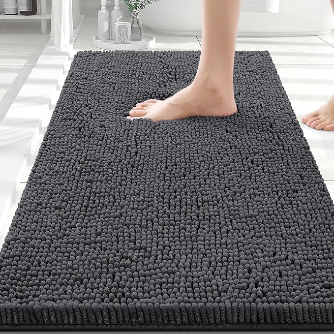 Smiry Luxury Chenille Bathroom Rugs 30x20, Extra Soft and Absorbent Shaggy Bath Mat, Machine Washable, Non-Slip Plush Carpet Runner for Tub, Shower, and Floor, Home Decor Accessories, Charcoal Grey