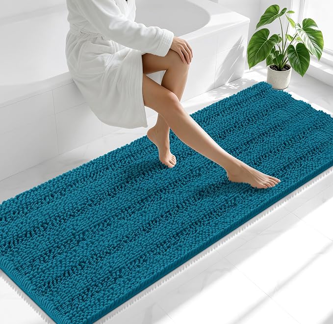 Smiry Thick Chenille Bathroom Runner Rugs 70x24, Absorbent Striped Bath Mat, Machine Washable, Rubber Backing, Extra Long Bath Rugs for Tub & Shower, Modern Home Decor Accessories, Peacock Blue