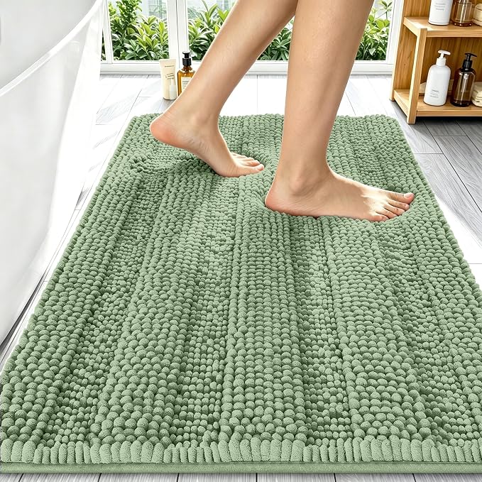 Smiry Thick Chenille Bathroom Rugs 34x21, Extra Soft Absorbent Striped Bath Mat, Machine Washable, Rubber Backing, Bath Rugs for Bathroom, Tub & Shower, Home Decor Accessories, Sage Green