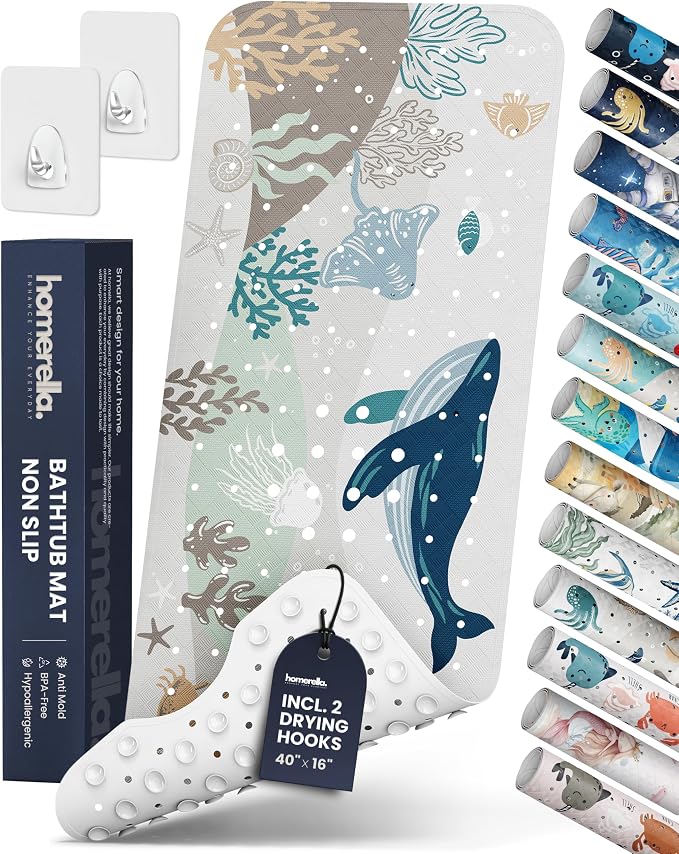 Bathtub Mat Non Slip Anti Mold for Kids 40x16 - homerella® Bath Mat for Tub, BPA Free, Incl. 2 Hooks, Washable Shower Mat Non Slip Anti Mold, Shower Mats for Inside Shower, EU Certified