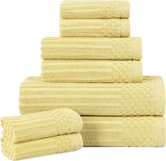 Superior Cotton 8-Piece Solid and Ribbed Towel Set, Face Towels 13” x 13”, Hand Towels 16” x 28”, Bath Towels 27” x 54”, Golden Mist