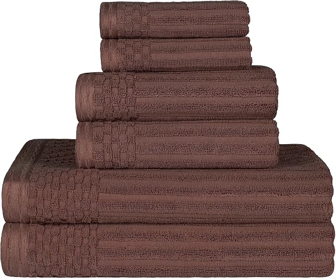 Superior 6 Piece Cotton Towel Set, Includes 2 Bath Towels, 2 Hand Towels, 2 Face Towel/Washcloths, Daily Use for Bathroom, Guest Bath, Ribbed, Absorbent, Home Essentials, Soho Collection, Java