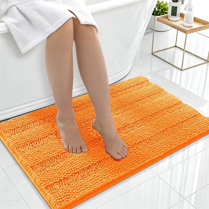 Smiry Thick Chenille Bathroom Rugs 36x24, Extra Soft Absorbent Striped Bath Mat, Machine Washable, Rubber Backing, Bath Rugs for Bathroom, Tub & Shower, Modern Home Decor Accessories, Orange