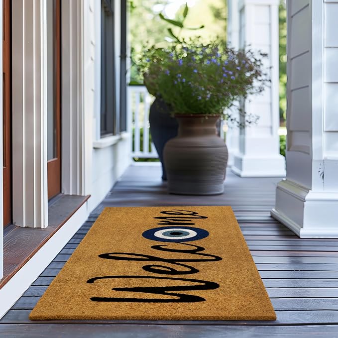 Croft&Cane Welcome Doormat – Extra Wide 17x39 Evil Eye Non Slip Natural Coco Coir Door Mat – Dirt Trapping Indoor Outdoor Large Entryway Rug for Wide Doorways Patio Porch High Traffic Areas