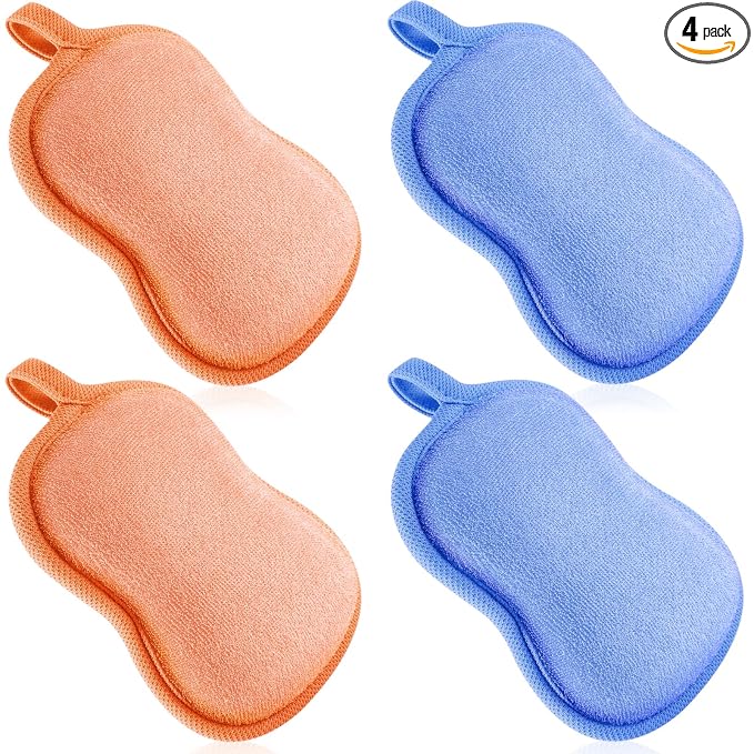 Tatuo 4 Pieces Baby Bath Sponge Soft Comfy Cotton Baby Sponge Toddler Absorbent Loofah for Kids Babies Boy Girl(Orange,Blue)
