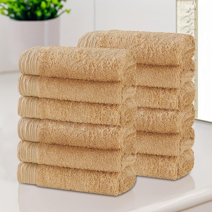 Superior Rayon from Bamboo Blend Face Towel/Washcloth Set, Luxury Quick Dry, Small Facial Towels, Spa, Hotel, Home, Bathroom Basics, Plush Soft Absorbent, Luxury Quick Drying, Set of 12, Gold