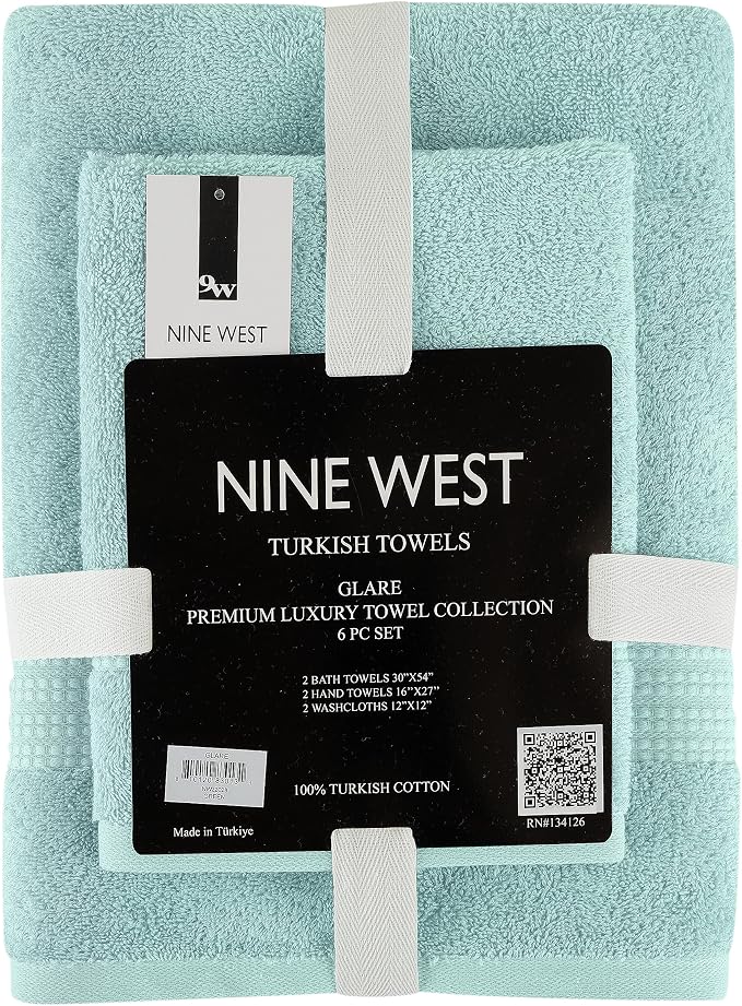 Nine West 6 Piece Towel Set, 100% Turkish Cotton Terry Cloth, Quick Drying, Highly Absorbent & Comfy, Includes 2 Bath Towels, 2 Hand Towels & 2 Washcloths | (Green)