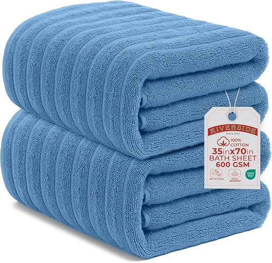 RIVERSIDE Pack of 2 Extra Large Bath Sheet Towels, 35 x 70 Inches, 600 GSM, Ribbed Stripe, 100% Cotton - Super Soft, Highly Absorbent & Quick Dry for Bathroom, Spa & Hotel, Electric Blue