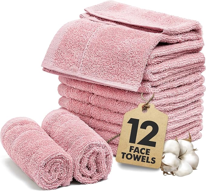 Face Towels Pack of 12 – 100% Cotton Wash Cloths (12x12 inch) – 550 GSM Soft, Quick Dry & Highly Absorbent Ring Spun Cotton Towels for Bathroom, Spa, Gym, Kitchen and for Daily Use - (Baby Pink)