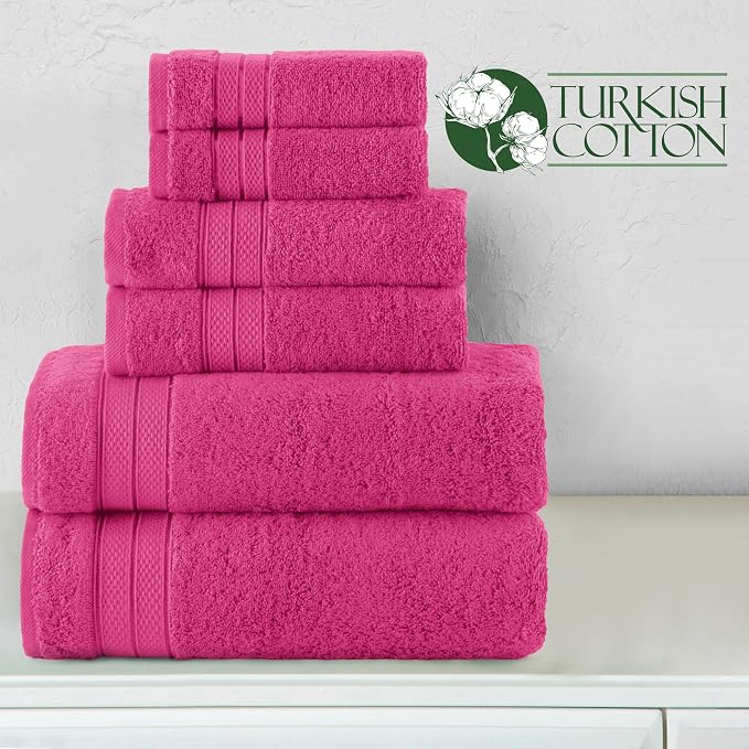 Elegant Comfort Luxury 6-Piece Towel Set, Premium Soft 100% Turkish Cotton, Three Line Popcorn Design 2 Bath Towels, 2 Hand Towels and 2 Washcloths Towel Set - Quick-Drying and Absorbent, Hot Pink