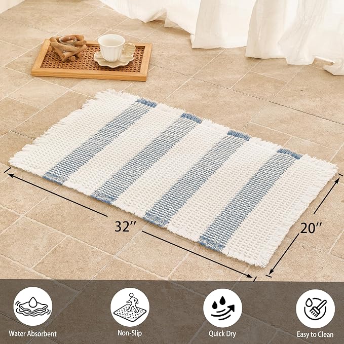 Waffle Bath Mat Non Slip, Boho Bathroom Rug, Super Absorbent Quick Dry Bathroom Mat, Soft Farmhouse Bath Rug with Tassels, Small Washable Shower Mats for Floor 20"x32", White and Blue