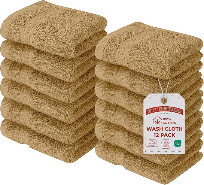 RIVERSIDE 12-Pack Premium 100% Cotton Tan Face Towels for Bathroom [12x12] - Reusable Luxury Face Wash Cloths for Showering - 550 GSM Super Soft & Absorbent Washcloths for Body, Spa & Gym