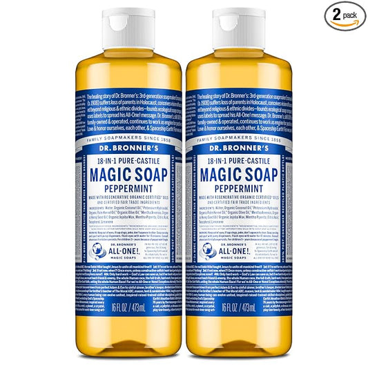 Dr. Bronner's Magic Soap-Pure-Castile Liquid Soap (Peppermint, 16 ounce, 2-Pack)-Regenerative Organic Certified Oils, 18-in-1 Uses: Body, Hair, Laundry, Pets & Dishes, Concentrated, Vegan, Non-GMO
