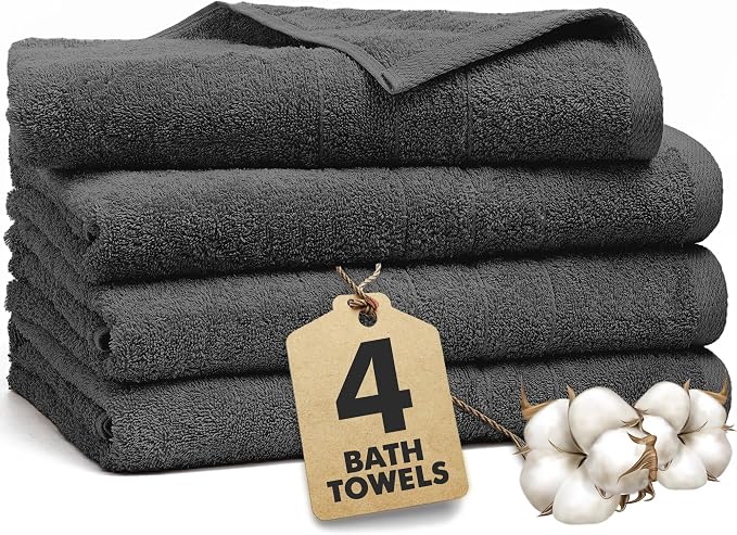 Bath Towels Set of 4 – 100% Ring Spun Cotton Dark Grey Extra Large Towels for Bathroom, Spa Use (55x28 in) – 550 GSM Super Soft and Quick Dry Large Bath Sheets for Adults