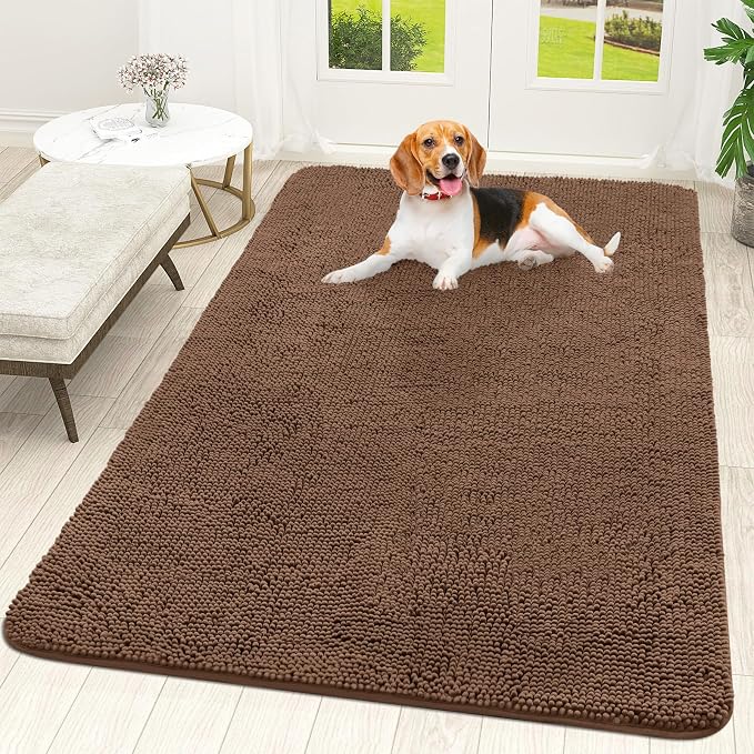 OLANLY Dog Door Mat for Muddy Paws 59x35, Absorbs Moisture and Dirt, Absorbent Non-Slip Washable Doormat, Quick Dry Chenille Mud Mat for Dogs, Entry Indoor Entryway Carpet for Inside Floor, Mocha