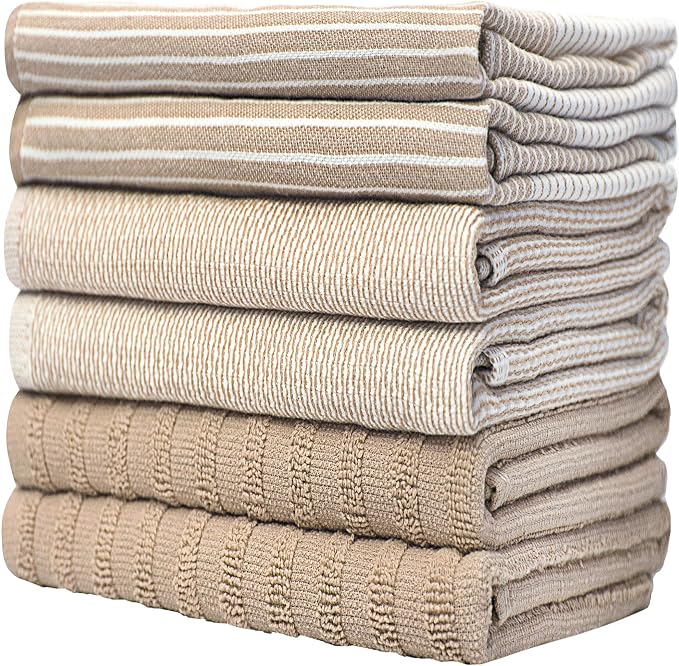 Premium Kitchen Towels (20”x 28”, 6 Pack) | Large Cotton Dish Towels | Flat & Terry Highly Absorbent Kitchen Linen Set with Hanging Loop | Tan