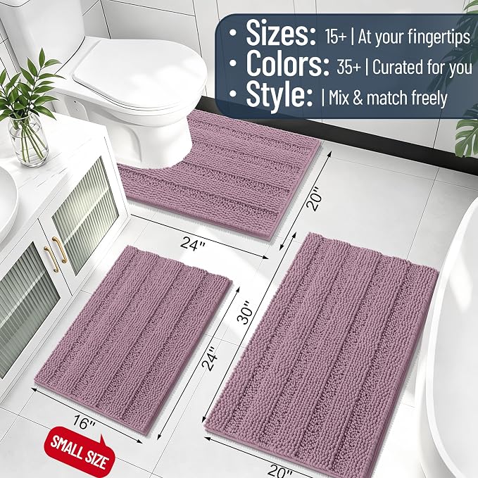 Smiry Thick Chenille Bathroom Runner Rugs 47x17, Extra Absorbent Striped Bath Mat, Machine Washable, Rubber Backing, Long Bath Rugs for Tub & Shower, Modern Home Decor Accessories, Deep Plum