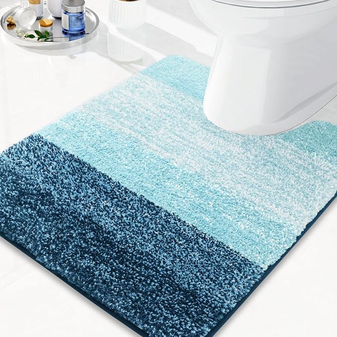 Arotive Microfiber Bathroom Rugs, Shaggy Soft and Absorbent Contour Toilet Rugs, Thick Plush Machine Washable Dry Bath Mats for Toilet Base, 24x20, Peacock Blue, U-Shape