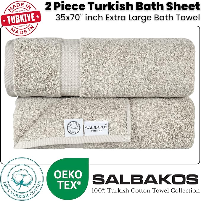 SALBAKOS 2-Piece 100% Turkish Cotton Extra Large Bath Towel 35x70 inch | Premium Hotel Quality Bath Sheet Towels | Thick, Soft, Absorbent, Oversized Bath & Beach Towels (Stone, 2 Bath Sheets)