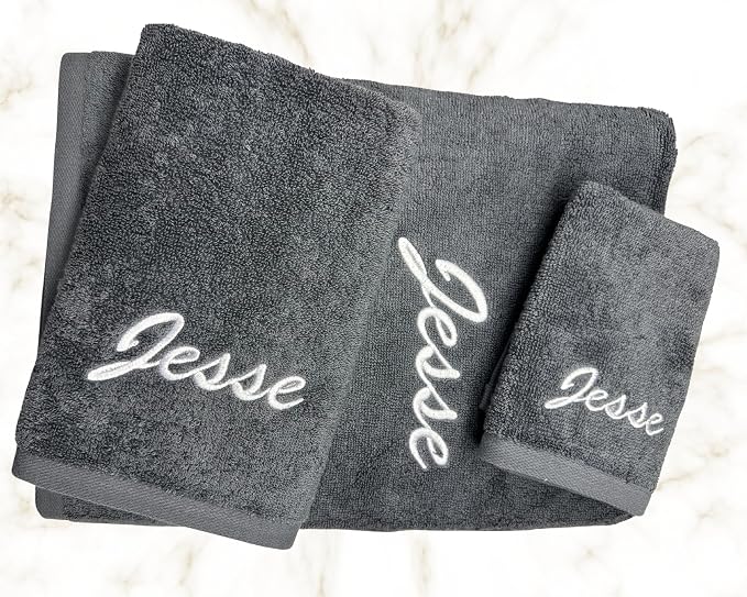 Set of 3 Personalized Towels - Customized Turkish Bath Towel - Cotton Towel Set -Monogrammed Towels with Initials Name Embroidery - Custom (Anthracite, 3 Pieces - Towel Set)