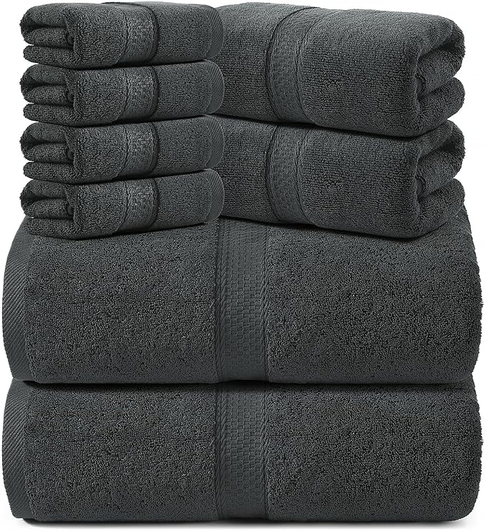 REDKISS 8 Piece Cotton Towel Sets for Bathroom - 2 Oversized Bath Sheets (35x70 in), 2 Hand, 4 Washcloth, Super Soft Quick Dry Highly Absorbent Gray Bath Towel Set for Home Gym Dorm Spa