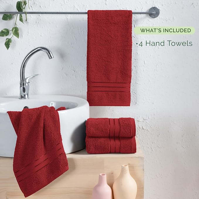Elegant Comfort Three Line Popcorn Towel Set for Bathroom 16 x 28 inches, Premium Hotel Quality 4-Pack Hand Towels, 100% Turkish Cotton, Soft and Durable, Quick Dry and Highly Absorbent, Burgundy