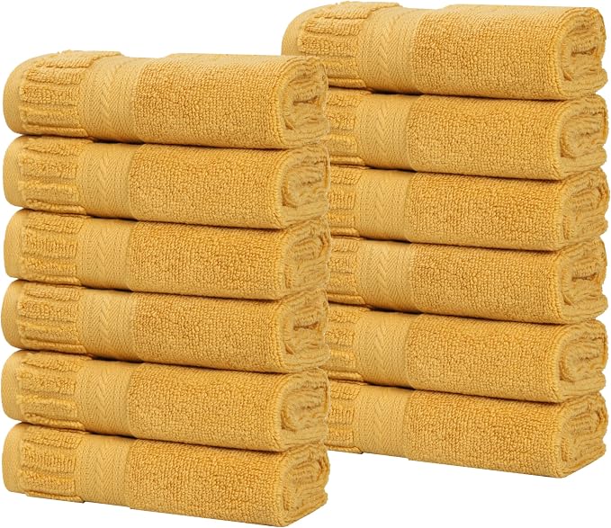 Superior Venice Zero Twist Cotton Medium Weight Small Towels, for Kitchen, Bathroom, Shower, Spa, Plush Essentials, Ribbed Textured Border, Face Towels Washcloths, Set of 12, Gold