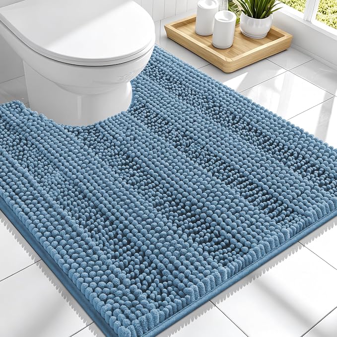 Smiry Thick Chenille Toilet Rugs U-Shaped 24x20, Extra Soft Absorbent Striped Contour Bathroom Rugs, Machine Washable, Dry Quickly, Bath Mat, Airy Blue