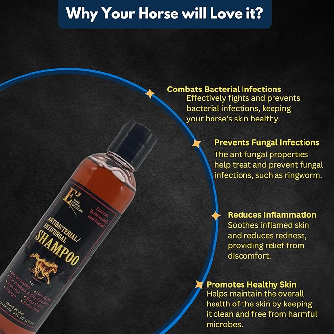 E3 Antifungal Ketoconazole and Thymol Skincare Shampoo for Horses and Dogs - Relieves Itching, Irritation, and Skin Infections - Fortified with Nano Vitamins A, C, E & F (8 oz)