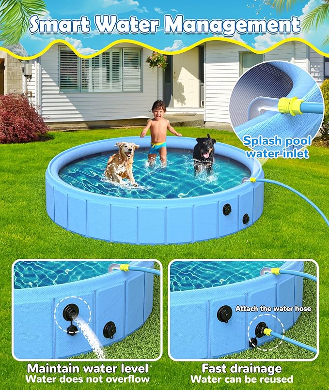 EPN Large Foldable Dog Pool – 0.55MM PVC 2-in-1 Portable Bathtub & Sprinkler for Dogs, Cats, Kids – Heavy Duty, Non-Slip, Summer Water Toy (132 in)