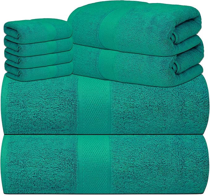 Luxury 8 Piece Set, 2 Bath Towels 2 Hand Towels 4 Washcloths, 100% Cotton Towels for Bathroom, Home, Spa, Hotel & Gym – Ultra Soft, Highly Absorbent, Quick Dry (Dark Green)