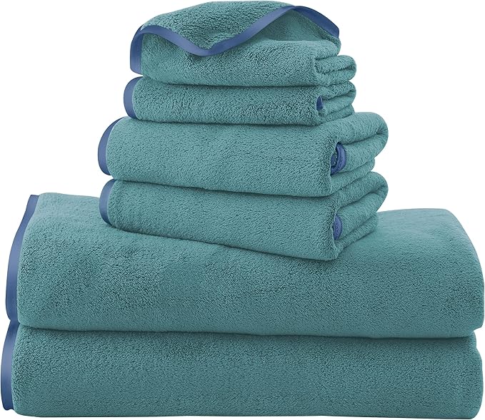 TENSTARS Luxury Silk Hemming Towel Set - Light Thin Quick Drying - 2 Bath Towels 2 Hand Towels 2 Washcloths - Ultra Soft Microfiber Towel for Bath Fitness, Sports, Yoga, Travel (Teal 6 Pieces)