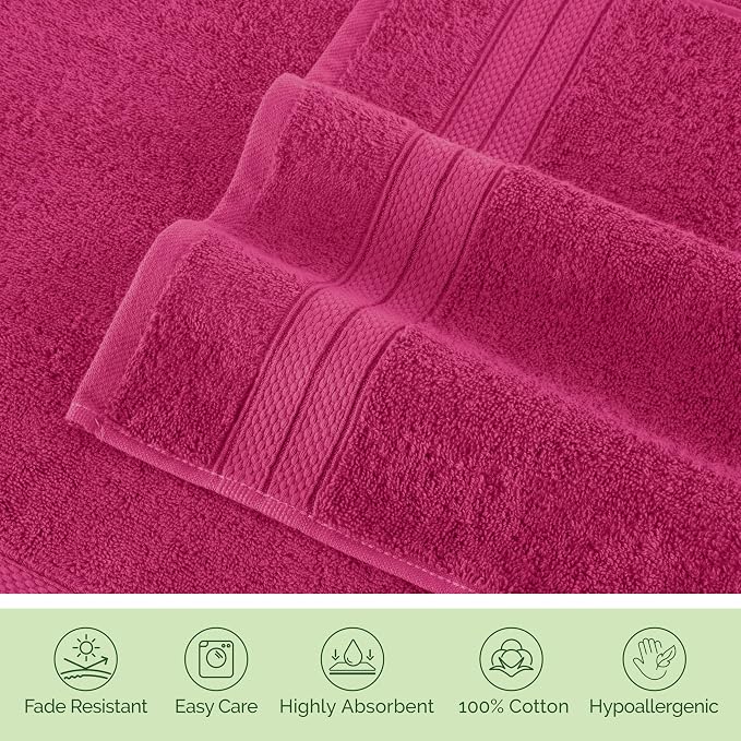Elegant Comfort Luxury 6-Piece Towel Set, Premium Soft 100% Turkish Cotton, Three Line Popcorn Design 2 Bath Towels, 2 Hand Towels and 2 Washcloths Towel Set - Quick-Drying and Absorbent, Hot Pink