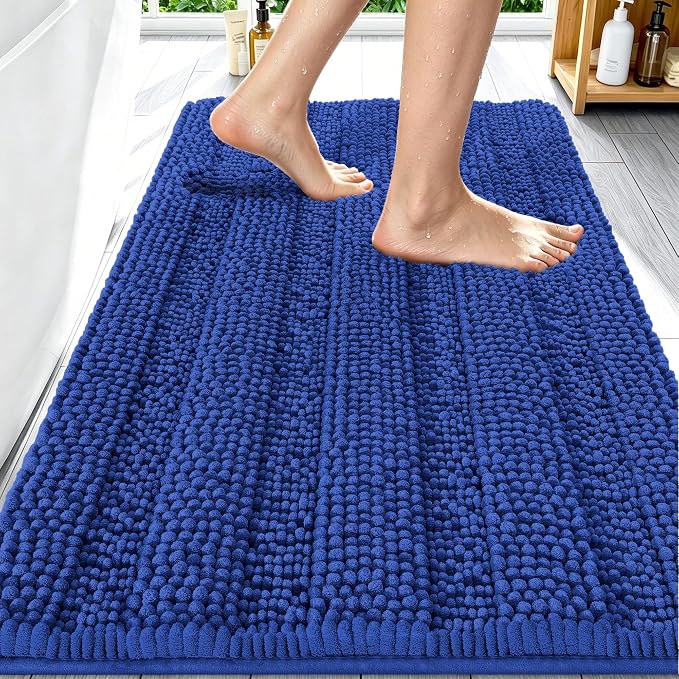 Smiry Thick Chenille Bathroom Rugs 30x20, Extra Soft Absorbent Striped Bath Mat, Machine Washable, Rubber Backing, Bath Rugs for Bathroom, Tub & Shower, Home Decor Accessories, Royal Blue