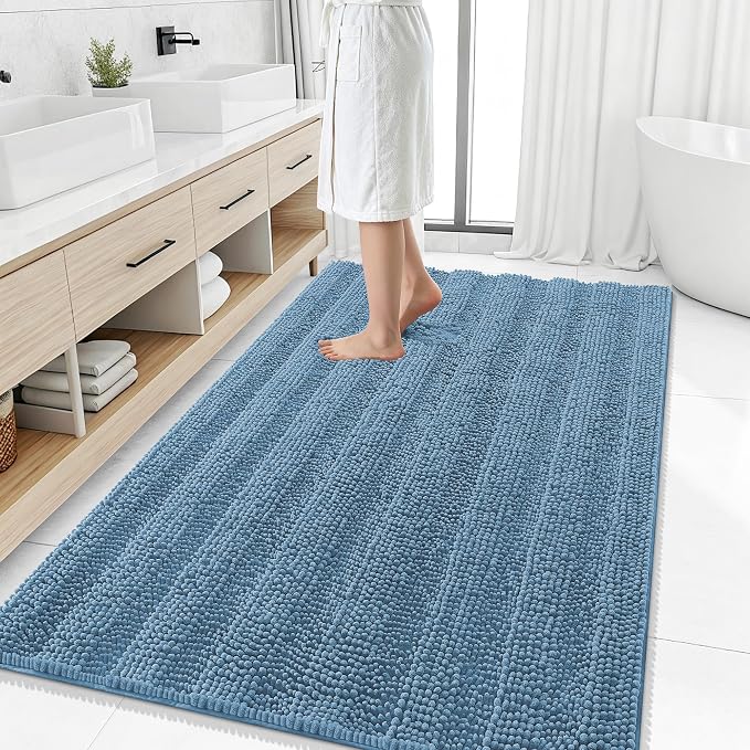 Smiry Thick Chenille Large Bathroom Rugs 50x30, Extra Soft Absorbent Striped Bath Mat, Machine Washable, Rubber Backing, Bath Rugs for Bathroom, Tub & Shower, Home Decor Accessories, Airy Blue