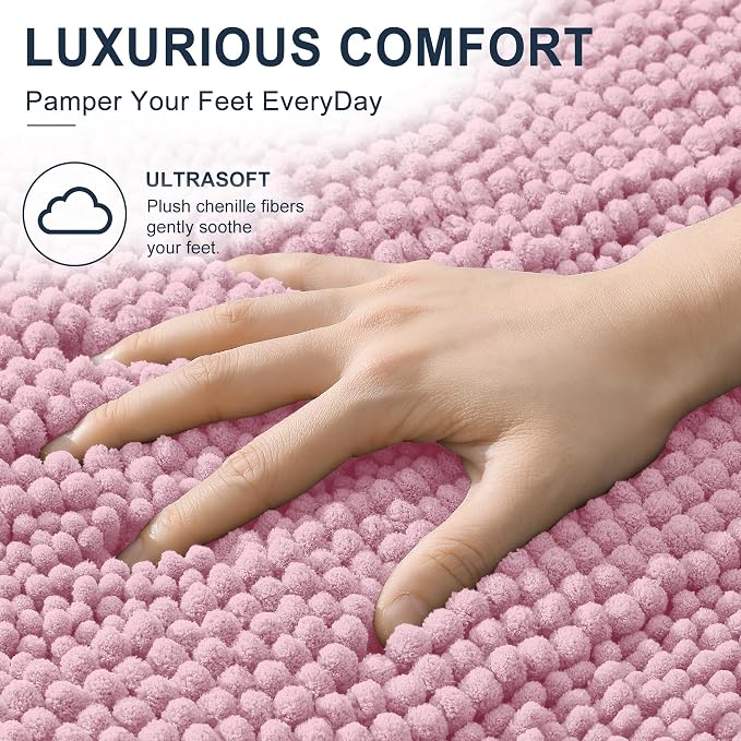 Smiry Thick Small Chenille Bathroom Rugs 24x16, Extra Soft Absorbent Striped Bath Mat, Machine Washable, Rubber Backing, Bath Rugs for Bathroom, Tub & Shower, Home Decor Accessories, Dusty Rose