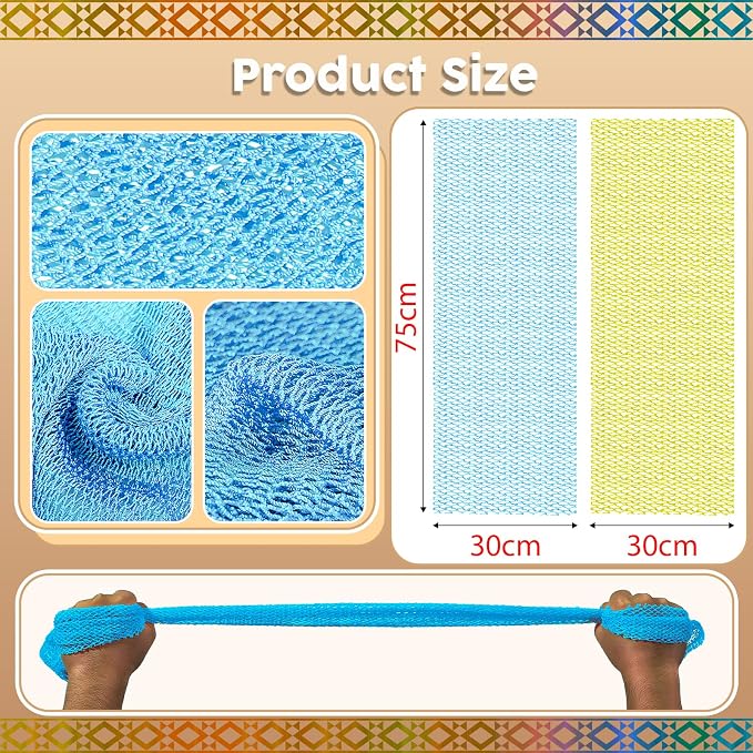 Real African Net Sponge - 2 Pieces Premium Body Exfoliator - Gentle Scrub for Dry/Sensitive Skin - Durable & Easy Rinse Shower Essential (Yellow Blue)