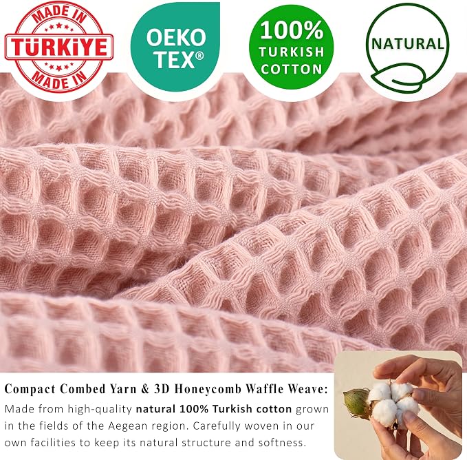 PÜSKÜL Natural 100% Turkish Cotton Waffle Bath Towels Set of 2-Piece | 32x63 inch Extra Large Absorbent Quick-Dry Lightweight Spa Towel | Luxury Sauna Accessories (Pink Powder Bath Towels - Pack of 2)