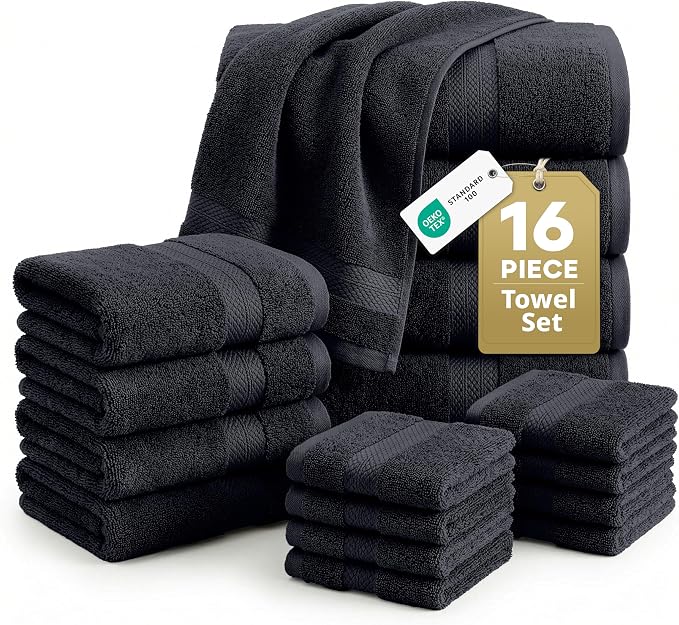 LANE LINEN 100% Cotton Towel Set for Bathroom - 16 Piece - Super Soft, Hotel Quality - 4 Bath, 8 Wash Cloths, 4 Hand Towels for Bathroom - Classic, Gentle on Skin, Ideal for Spa & Daily Use - Black