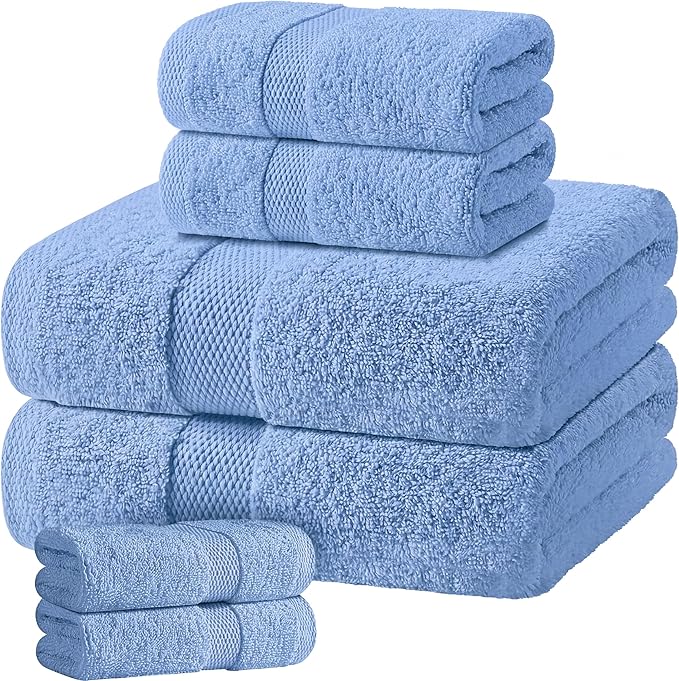 White Classic Light Blue Bath Towel Set of 6-100% Cotton Highly Absorbent Towels for Bathroom, 2 Luxury Bath Towels 650GSM, 2 Hand Towels, 2 Washcloths