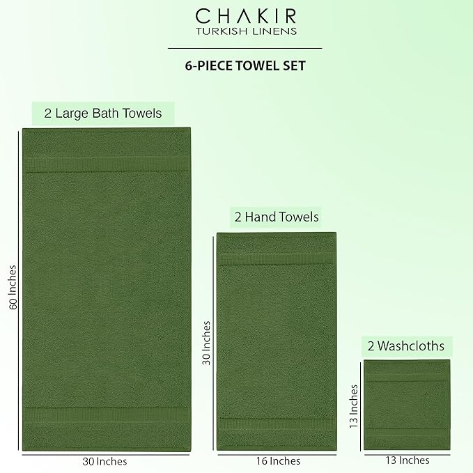 Chakir Turkish Linens 6 Piece Towel Set, 100% Cotton Turkish Towels for Bathroom, Luxury Soft Absorbent Bath Towel Set with 2 Bath Towels 2 Hand Towels 2 Washcloths, Moss