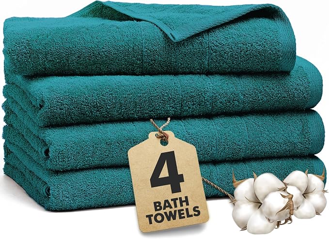 Bath Towels Set of 4 – 100% Ring Spun Cotton Teal Extra Large Towels for Bathroom, Spa Use (55x28 in) – 550 GSM Super Soft and Quick Dry Large Bath Sheets for Adults