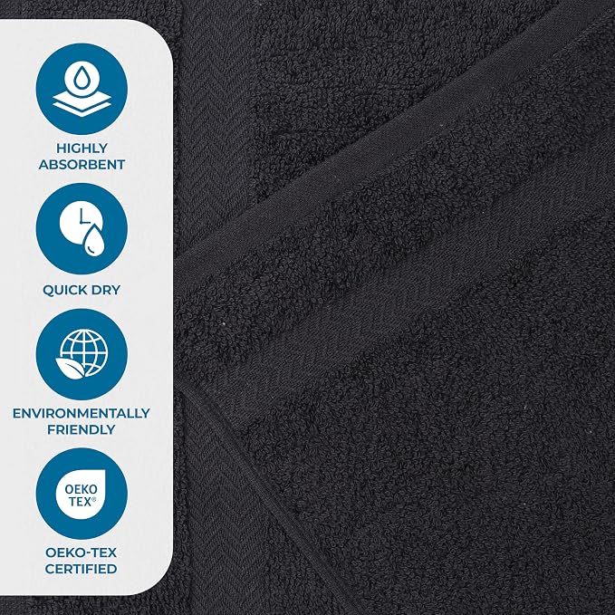 Superior 18-Piece Cotton Assorted Towel Set, Includes 8 Face Towel, 6 Hand, and 4 Bath Towels, Home, Bathroom, Guest Bath Essentials, Quick Dry, Absorbent, Franklin Collection - Black