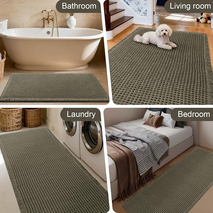 Upgraded Waffle Bath Mat, 36"x24" Greyish Green, Super Absorbent Non-Slip Quick Dry Bathroom Rugs with Tassels, Machine Washable Ultra Soft Boho Bath Rugs for Floor, Toilet Mats Boho Farmhouse Decor