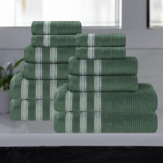 Superior Cotton 12-Piece Towel Set, Zero Twist, Ribbed Geometric, Bathroom Essentials, Shower, Spa, Luxury Plush Soft Absorbent Towels, Includes 4 Bath, 4 Hand, 4 Washcloth/Face Towels, Forest Green