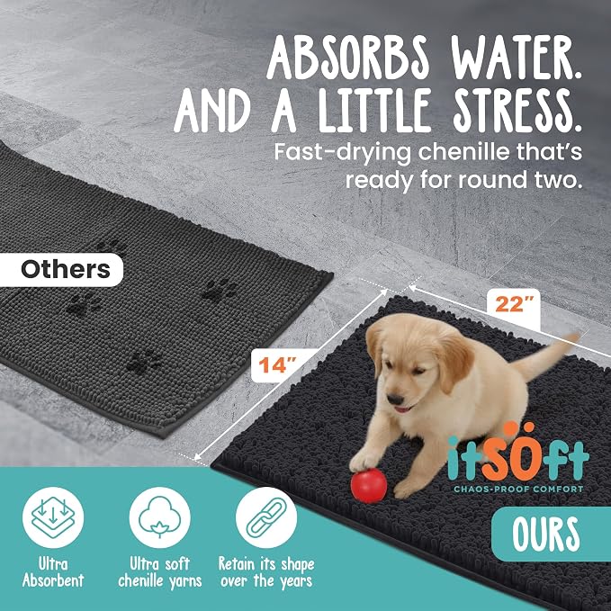 Dog Rugs for Muddy Paws 22x14 | Cleaner Mud Free Floors | Muddy Dogs Mats for Indoor, Dog Mat for Muddy Paws Door Mat Washable, Absorbent Chenille Mud Room Rug Paw Matt w/ Non Slip Backing, Black