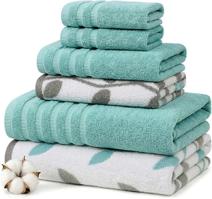 Amrapur Overseas Modern Threads 6 Piece Bath Towel Set – Bathroom Set with 2 Bath Towels, 2 Hand Towels, and 2 Wash Cloths – 100% Cotton, Super Absorbent & Extra Soft – Reversible Natural Vine (Aqua)