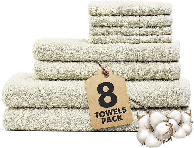 Bath Towels Set of 8 – 100% Ring Spun Cotton (Ivory) Bathroom Towel Set Bale Includes 2 Bath, 2 Hand, 4 Face Towels – 550 GSM Soft, Absorbent & Quick Dry Towel for Bathroom, Spa, Kitchen, Hotel Use